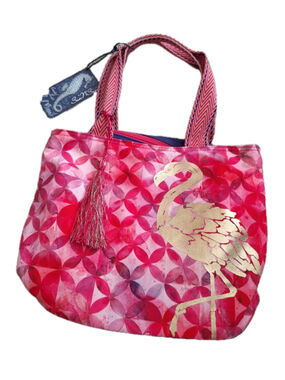 NWT Paul Brent Sun n Sand Hot Pink/Gold Flamingo Island Tote Bag Purse Tassel